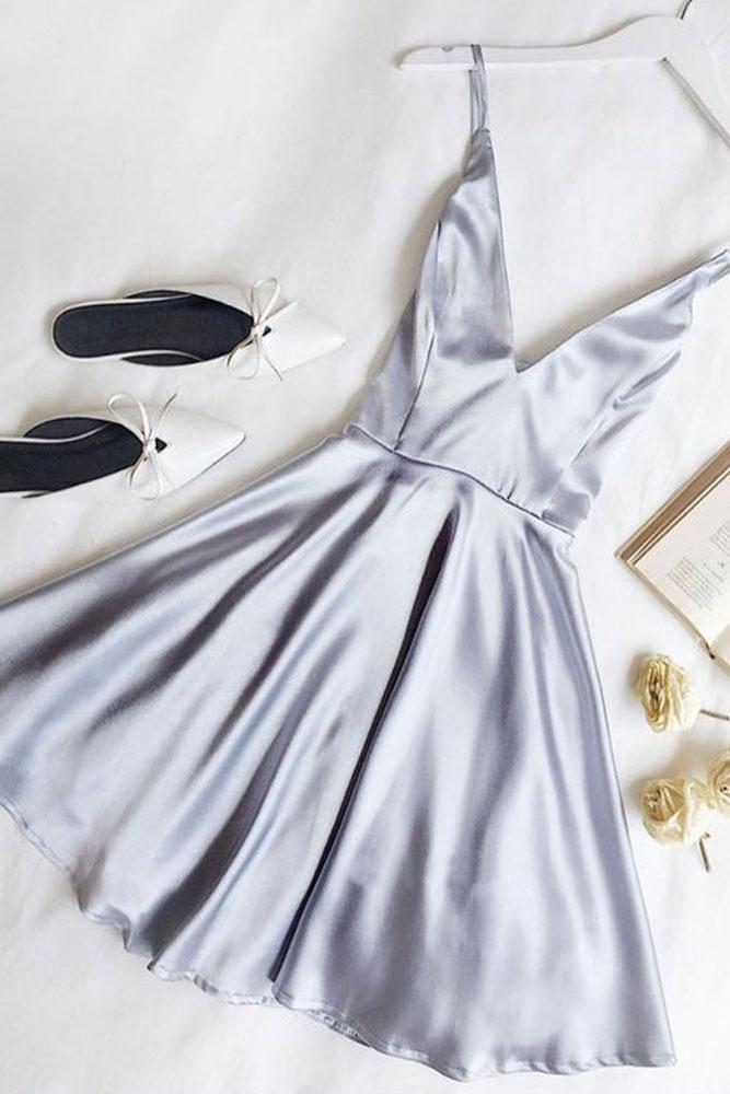 Cute A Line V Neck Satin Short Homecoming Dresses with Pockets INM70
