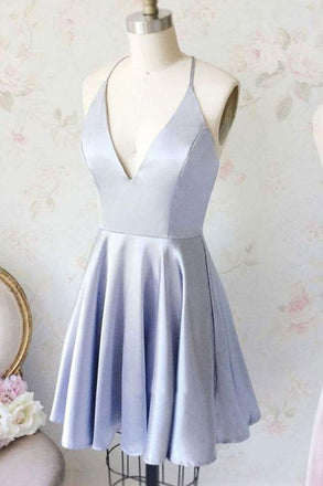 Cute A Line V Neck Satin Short Homecoming Dresses with Pockets INM70