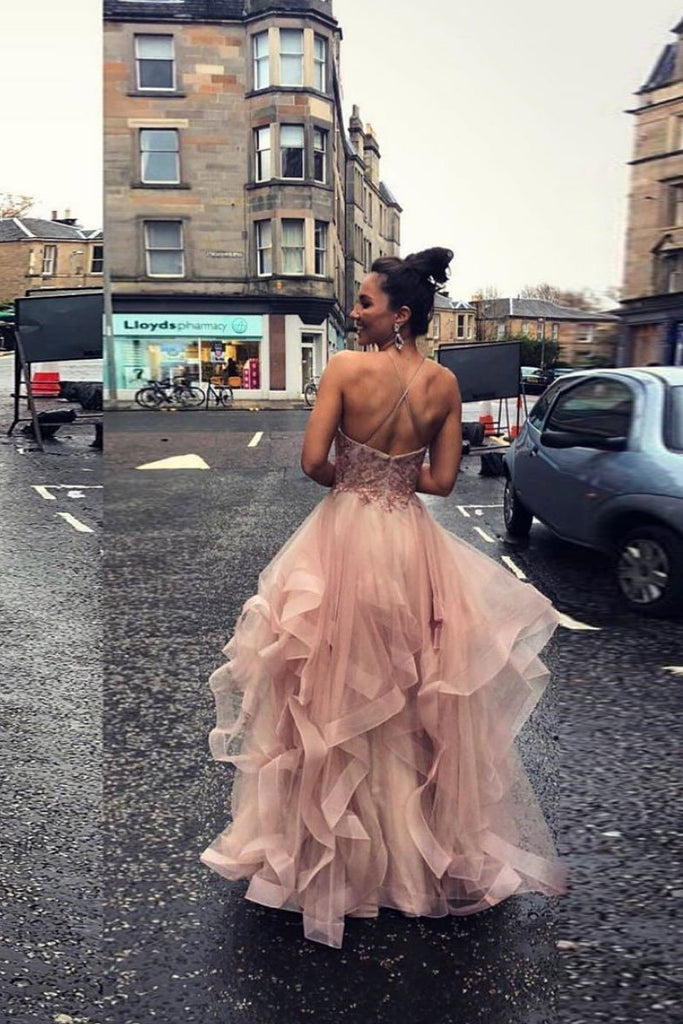 Pink Tulle Lace Appliques Long Prom Dresses A Line Evening Gown INS67