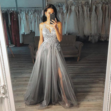 Grey A Line V Neck Long Appliques Tulle Prom Dress INP66