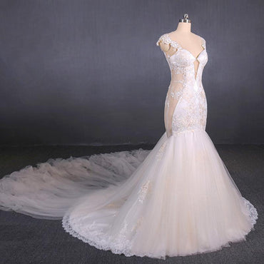 Charming Mermaid Tulle Wedding Dress, Chapel Train Long Bridal Gown INQ14