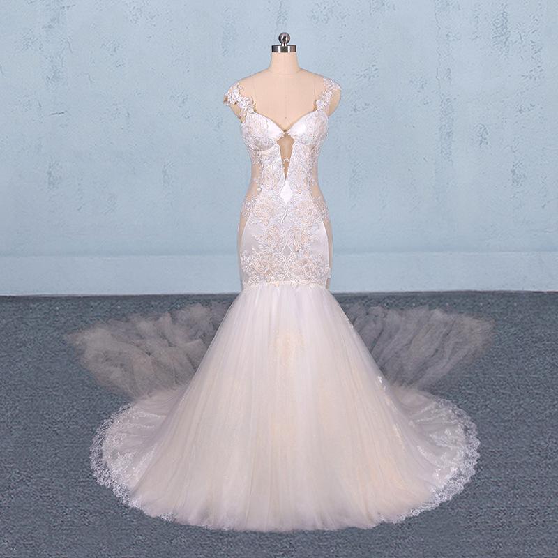 Charming Mermaid Tulle Wedding Dress, Chapel Train Long Bridal Gown INQ14