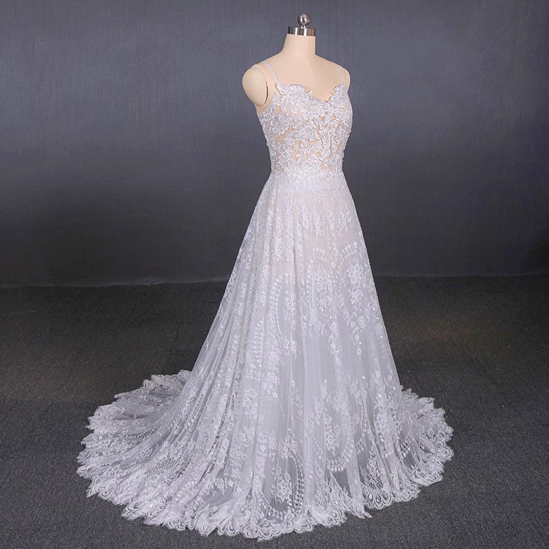 A Line Spaghetti Straps Long Elegant Wedding Dresses With Lace INQ11