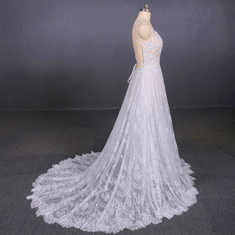 A Line Spaghetti Straps Long Elegant Wedding Dresses With Lace INQ11