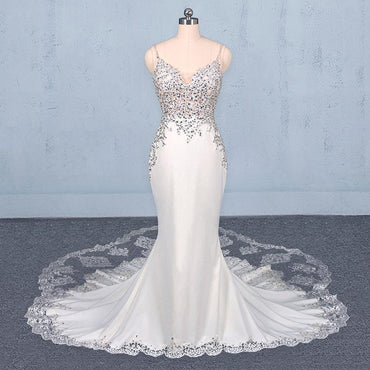 Mermaid Spaghetti Straps Beading Wedding Dress, Elegant Appliques Bridal Dresses INQ15