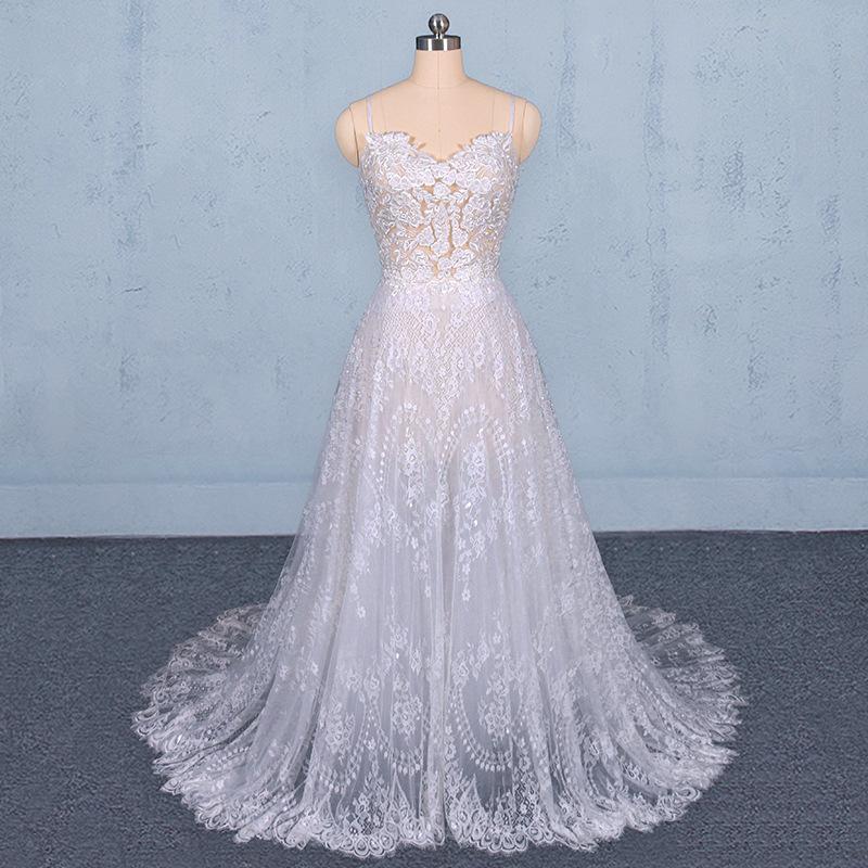 A Line Spaghetti Straps Long Elegant Wedding Dresses With Lace INQ11