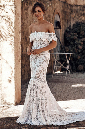 Off the Shoulder Lace Mermaid Wedding Dress, Cheap Bridal Dress INP72
