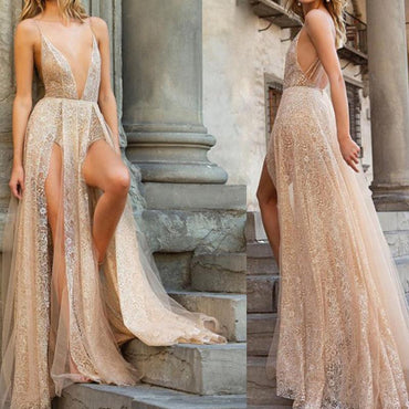 Sexy Lace Spaghetti Straps Backless Long Prom Dress INP67