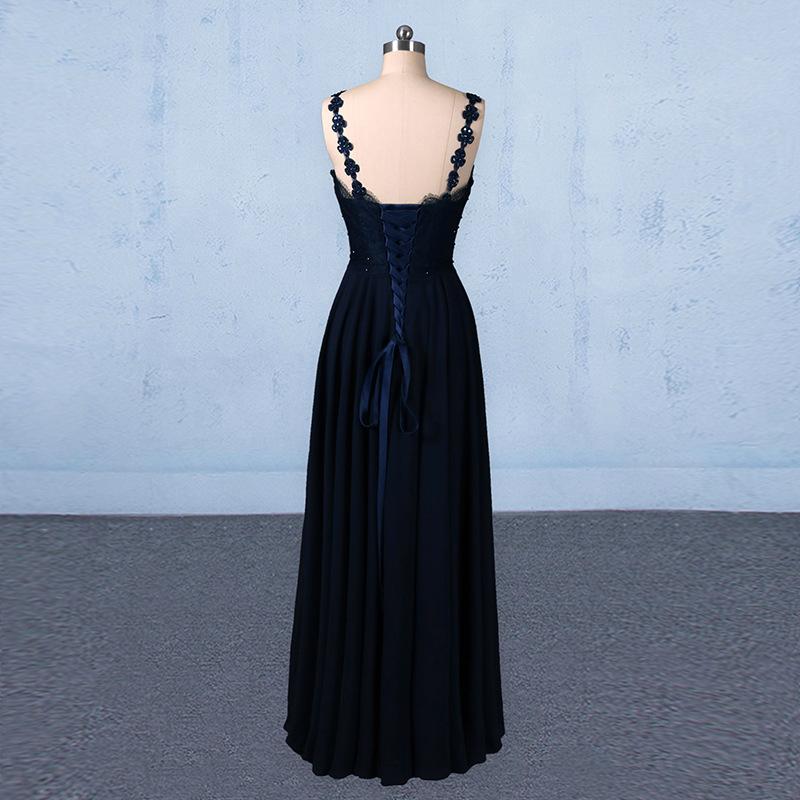 Navy Blue Chiffon V Neck A Line Long Prom Dresses With Lace Top INQ21