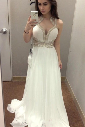 Ivory High Low Beaded Chiffon Elegant Long Prom Dresses For Teens K770