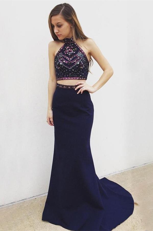 Two Pieces Navy Blue Long Mermaid Simple Cheap Prom Dresses K760