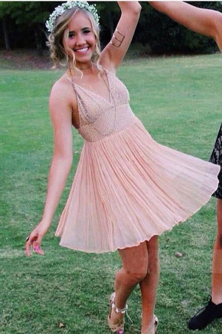 Charming V Neck A Line Blush Chiffon Straps Homecoming Dresses IND47