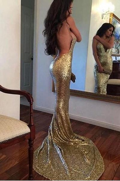 Sexy Deep V-neck Mermaid Backless Sparkly Prom Dresses For Teens K761