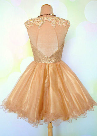 A Line Tulle Gold Bling Open Back Prom Dresses,Unique Short Homecoming Dress IN339
