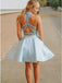 Two Piece High Neck Pockets Satin Short Light Blue Beaded Homecoming Dress IND31