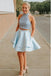 Two Piece High Neck Pockets Satin Short Light Blue Beaded Homecoming Dress IND31