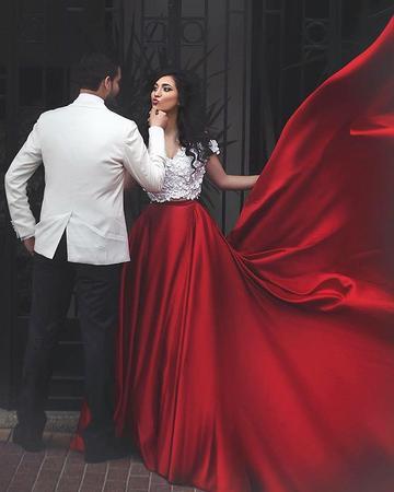 White Lace Crop Top Red Satin Two Piece A Line Prom Dresses IN817