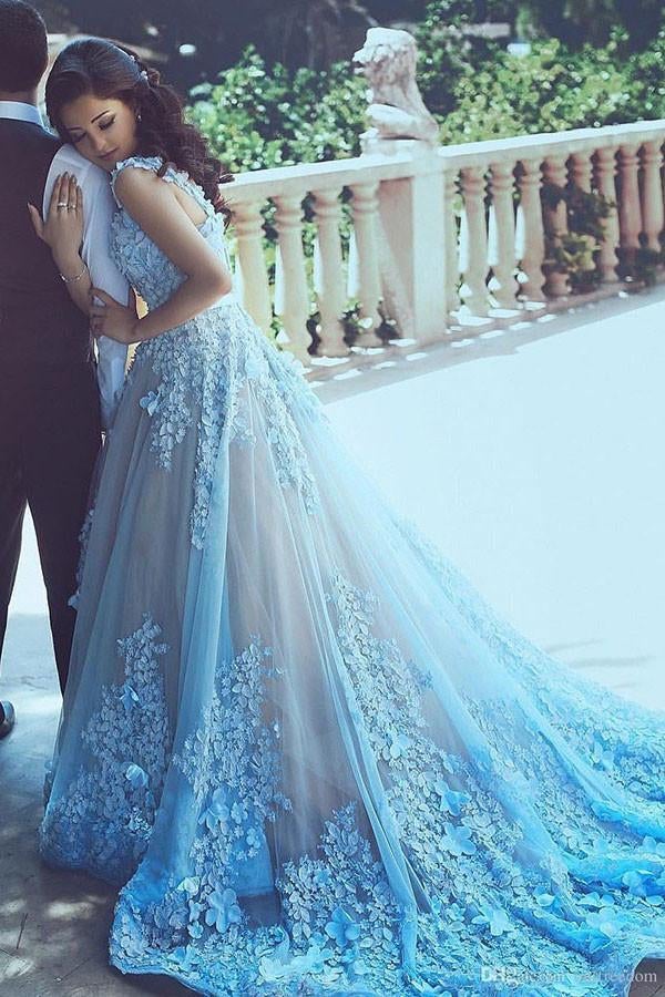 A-Line Blue Sleeveless Tulle Wedding Dress stunning With Chapel Train IN202