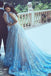 A-Line Blue Sleeveless Tulle Wedding Dress stunning With Chapel Train IN202