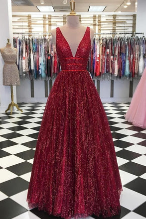 Charming Burgundy V Neck Sleeveless Sequin Prom Dresses A Line Formal Party Dress INI56