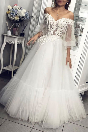 Off the Shoulder Long Sleeves Appliques Tulle A Line Prom Dresses INQ1