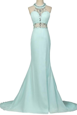 Mint Halter Open Back Long Mermaid Charming Elegant Chiffon Prom Dresses K750