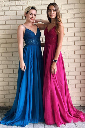 Spaghetti Straps A-Line Long Cheap Prom Dresses with Lace Top INO54