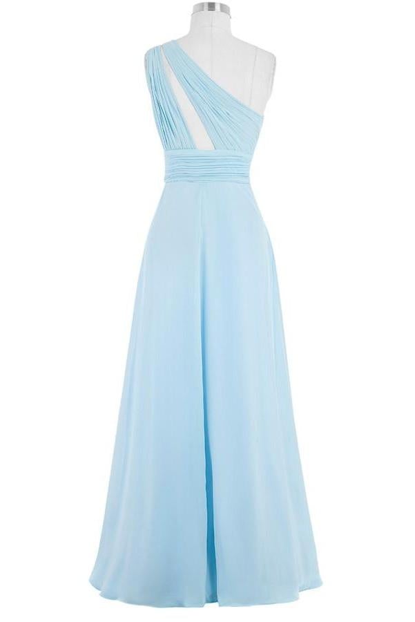 Light Sky Blue One Shoulder Long Chiffon Plus Size Cheap Prom Dresses K749