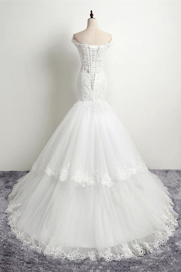 Mermaid Boat Neckline Open Back Lace Up White Long Wedding Dresses W25