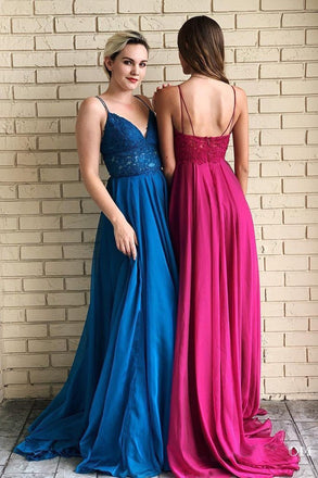 Spaghetti Straps A-Line Long Cheap Prom Dresses with Lace Top INO54