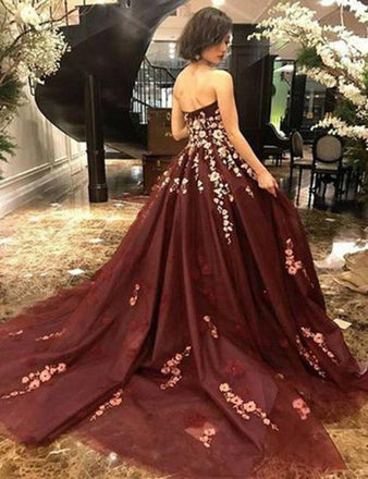 Strapless Burgundy Sleeveless Long Prom Dress with Appliques INH36
