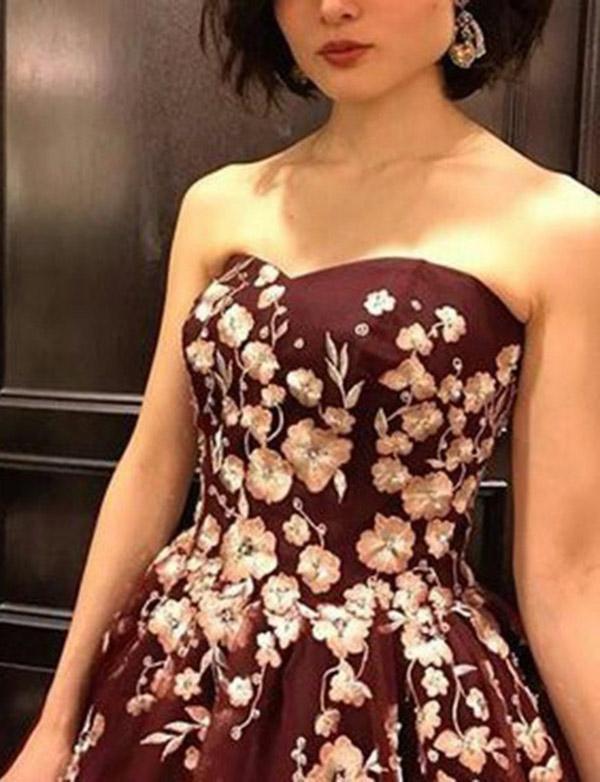 Strapless Burgundy Sleeveless Long Prom Dress with Appliques INH36