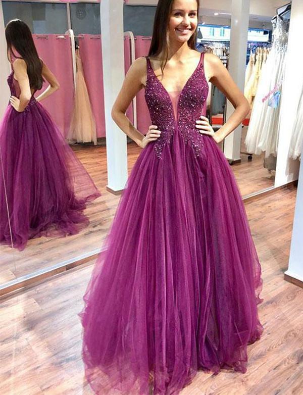 A Line Purple Tulle Beading Long Prom Dresses with Appliques INH93