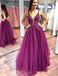 A Line Purple Tulle Beading Long Prom Dresses with Appliques INH93