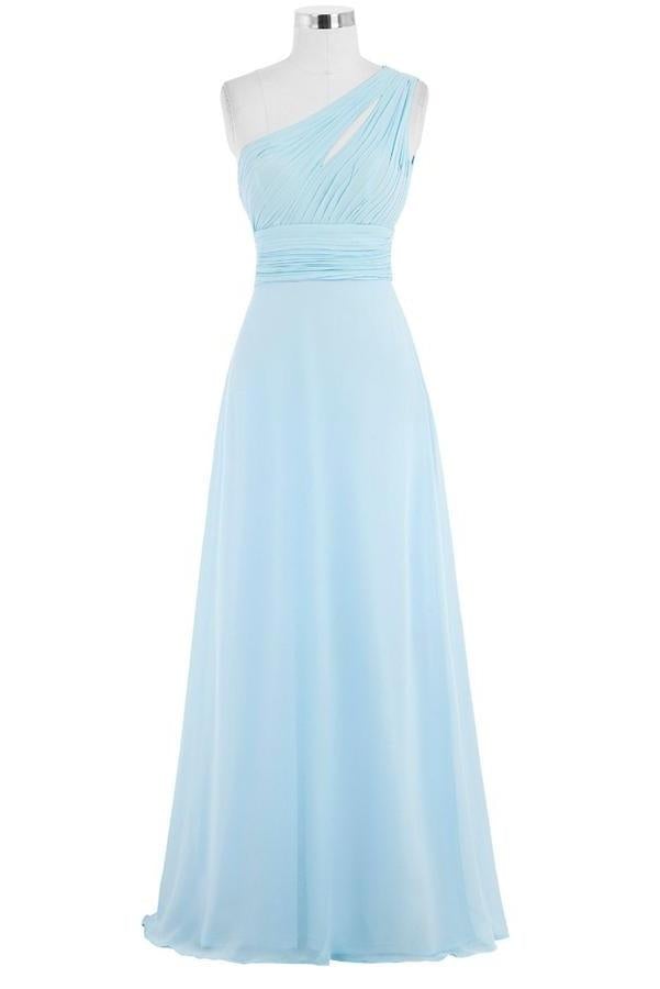 Light Sky Blue One Shoulder Long Chiffon Plus Size Cheap Prom Dresses K749