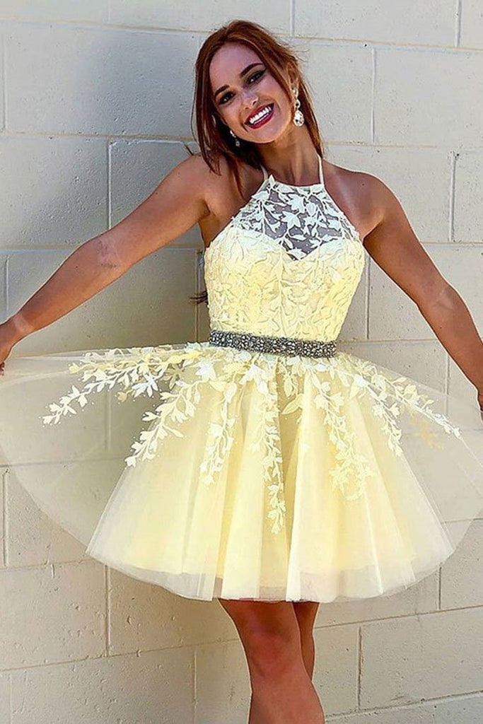 A Line Halter Yellow Lace Appliques Homecoming Dress, Short Prom Dresses INQ8