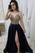 Spaghetti Strap A Line Maroon Long Beaded Prom Dresses with Slit and Gold Lace INI29
