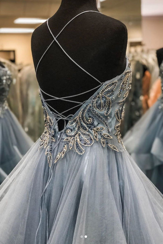 Gray Tulle Beads Long Prom Dress A Line Formal Evening Dresses INQ33
