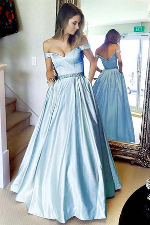 Stunning A-line Off the shoulder Sky Blue Long Prom Dress with Pocket INJ15