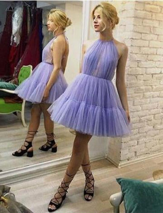 Halter Lavender A-Line Tulle Short Unique Homecoming Dresses IND84