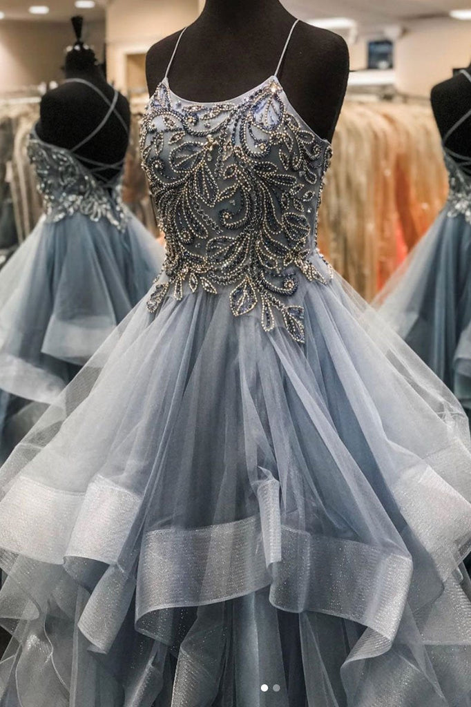 Gray Tulle Beads Long Prom Dress A Line Formal Evening Dresses INQ33