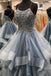Gray Tulle Beads Long Prom Dress A Line Formal Evening Dresses INQ33