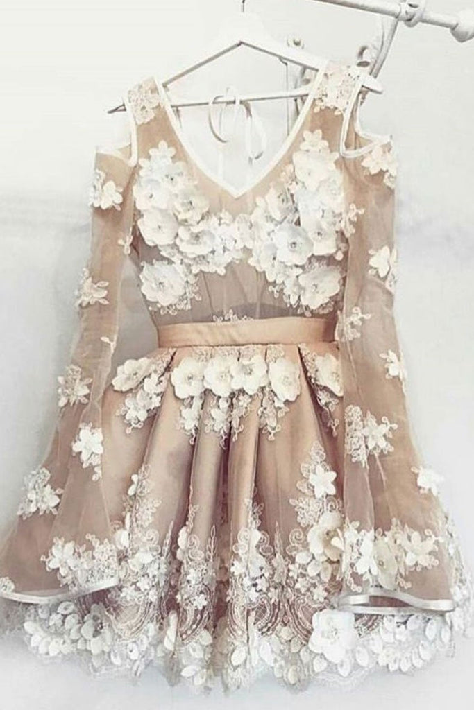 Unique Tulle Lace Short Prom Dress, Long Sleeves Homecoming Dress INP29