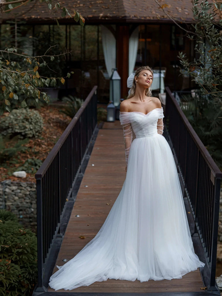 Popular Wedding Dresses, Off Shoulder Long Bridal Gowns, Tulle Newest Wedding Dresses IN1984