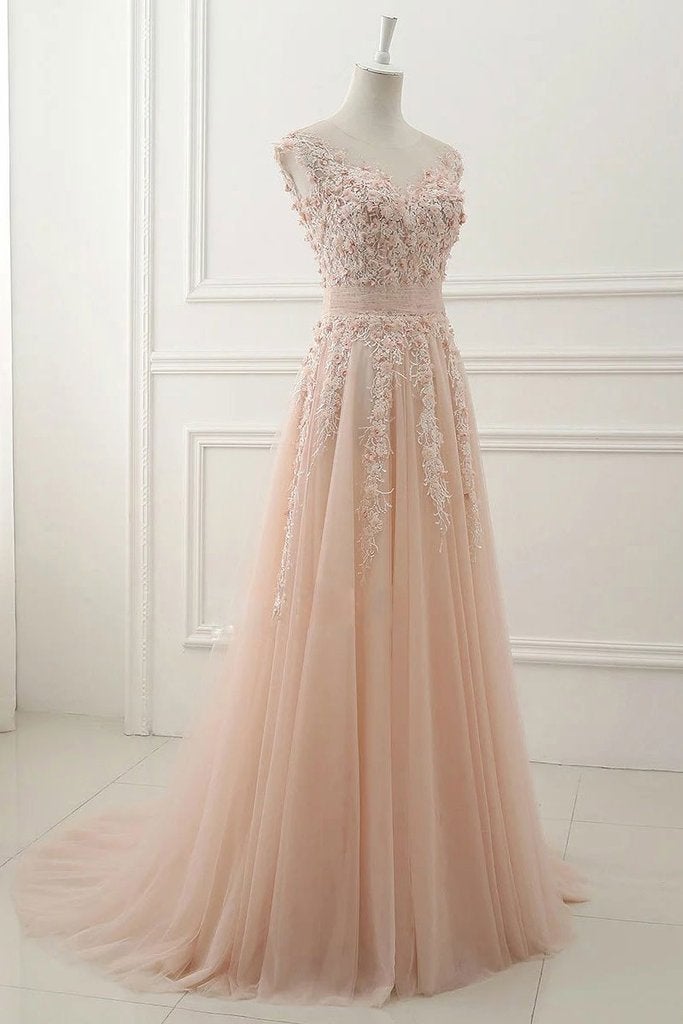 Round Neck Lace Appliques Prom Dresses,Tulle A Line Evening Dress IN427