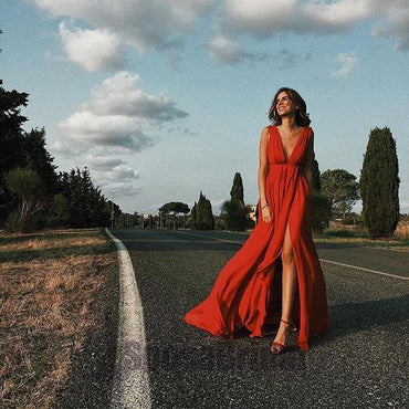 Red Sexy Simple Deep V neck Side Split Chiffon Prom Dresses IN902