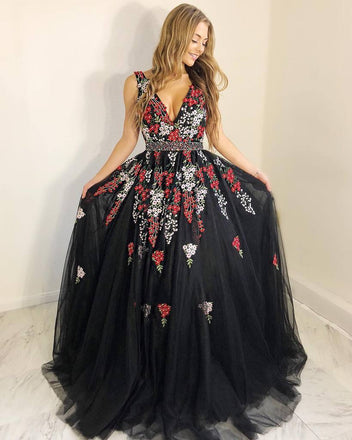 Charming V-Neck Black Floral Appliques Beading Sleeveless Long Prom Dress INI40