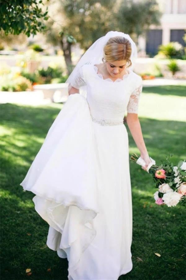 Lace A-Line Beading Ivory Half Sleeve Chiffon Long Wedding Dress IN597