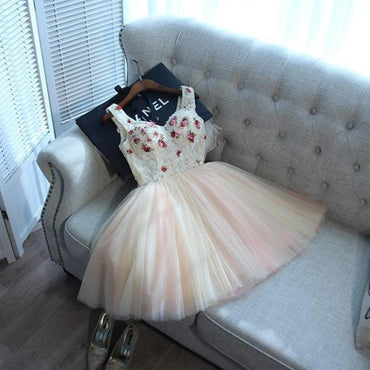 Sexy Deep V-Neck Straps Short A-Line Homecoming Dresses With Appliques IND33