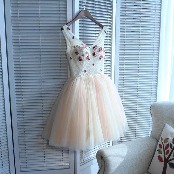 Sexy Deep V-Neck Straps Short A-Line Homecoming Dresses With Appliques IND33